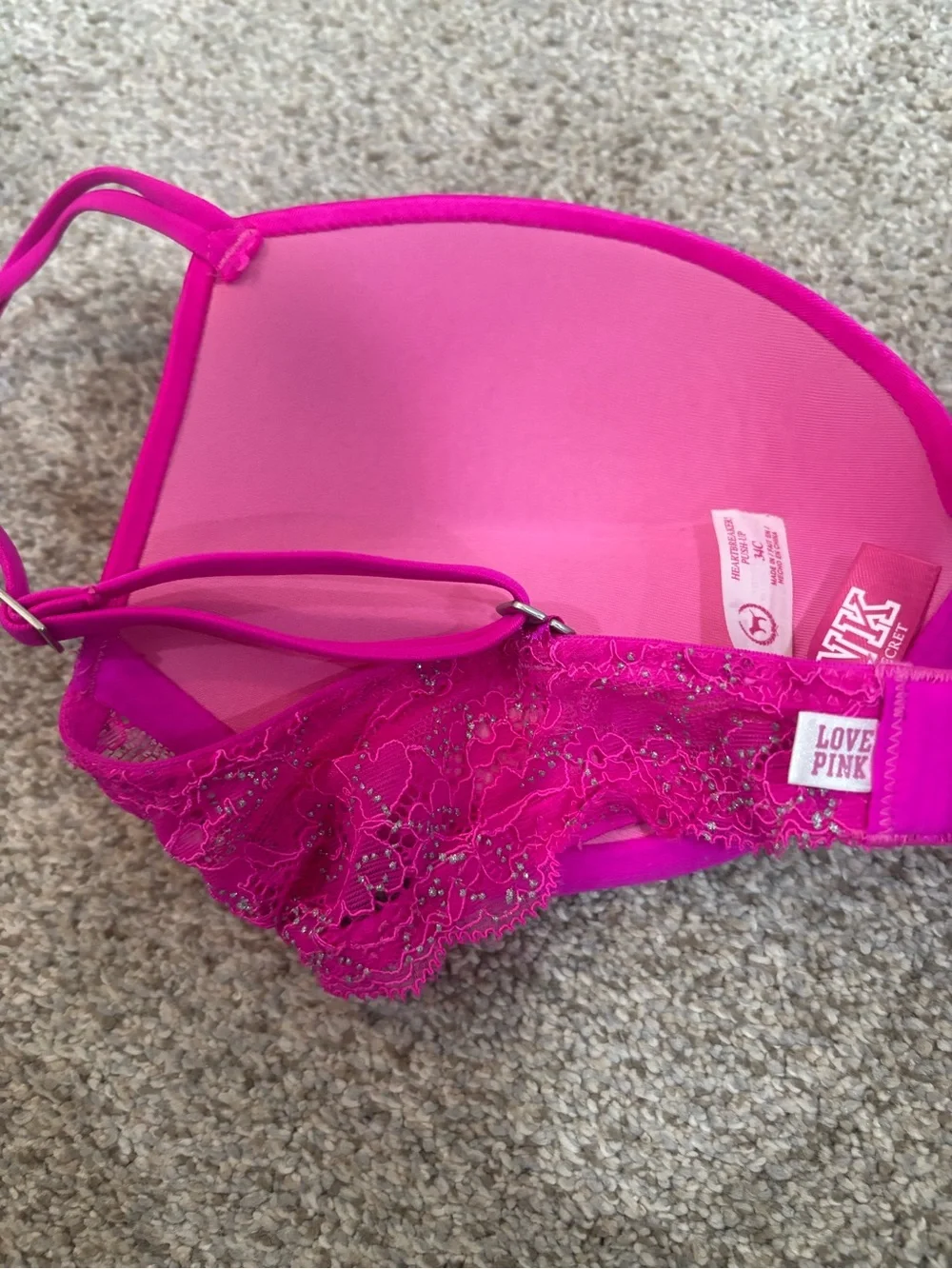 PINK Heartbreaker Push Up Bra Hot Pink Lace-Trim T-Shirt Bra 34C